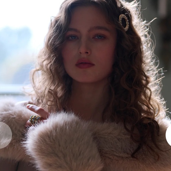 Selkie.  Worn for two hours.  Elegant Off-Shoulder Dress with Faux Fur Trim - Picture 2 of 3